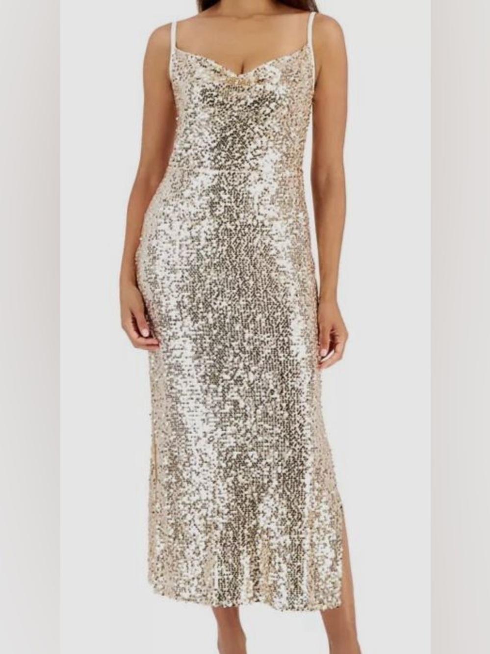 Taylor 6 Gold Beige Sequins Draped Neck Formal Leg Slit Zip Up Maxi Gown Dress